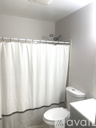 A white bathroom with a toilet, sink, and shower curtain.
