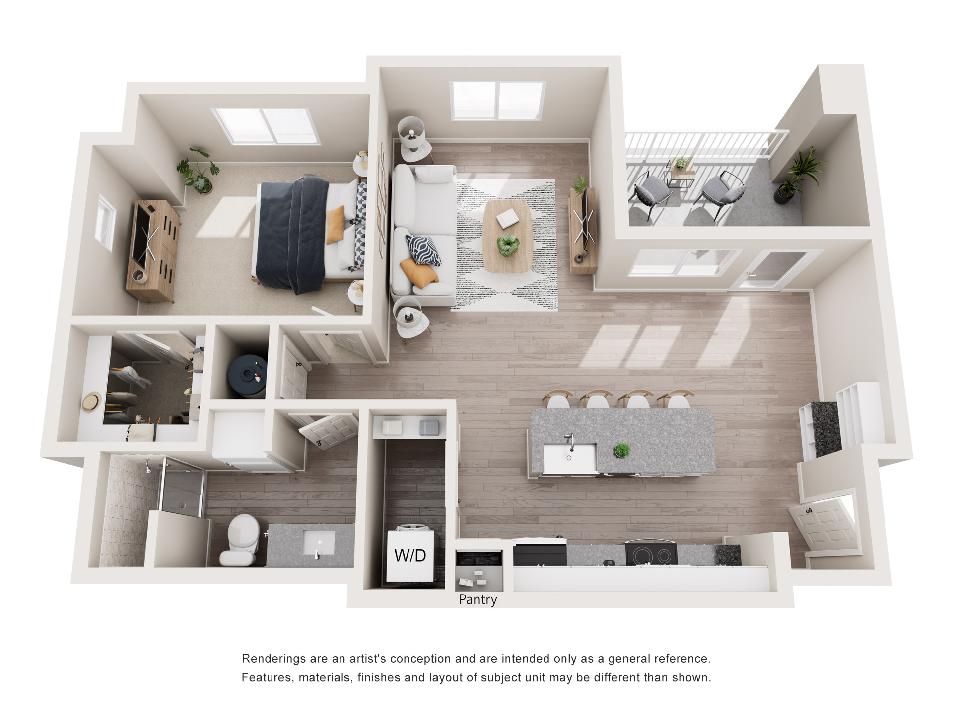 LUXURY 1 BEDROOM 1 BATHROOM LOFT 828 SF - 3D