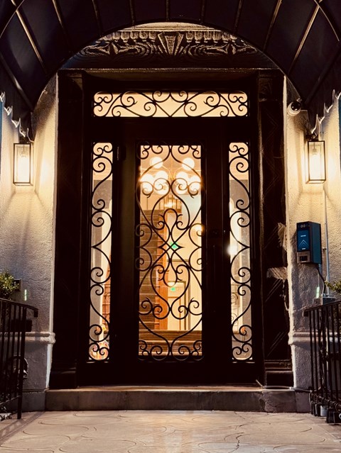 A black wrought iron gate with a decorative design.