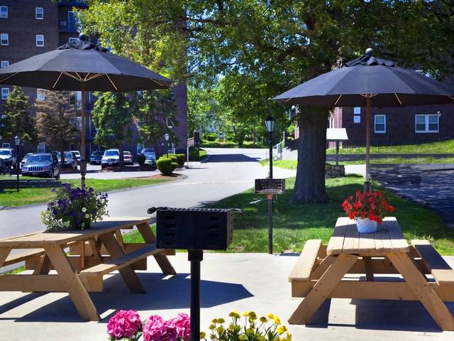 two picnic tables with umbrellas in a park