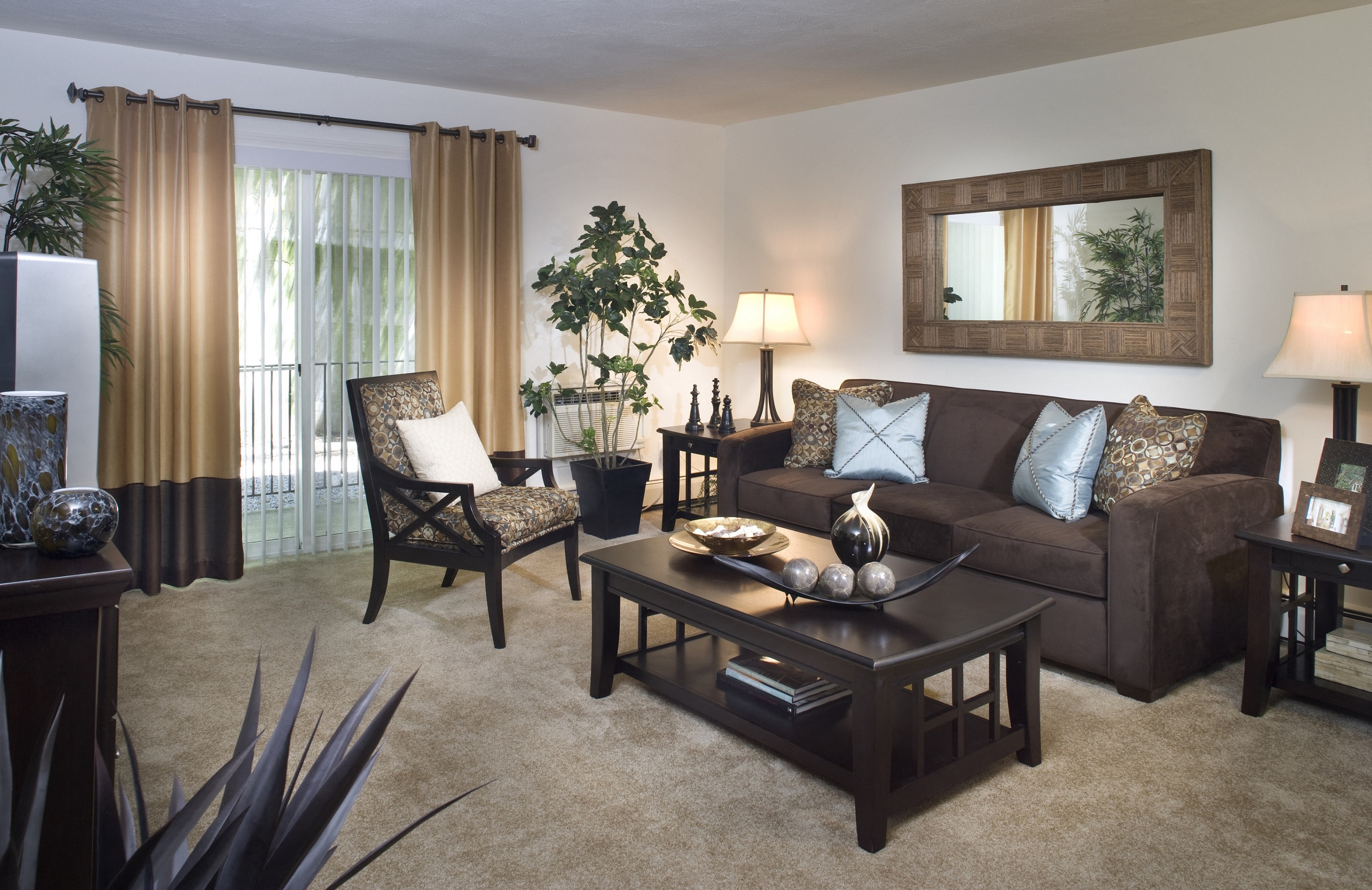 a living room with a couch and a table