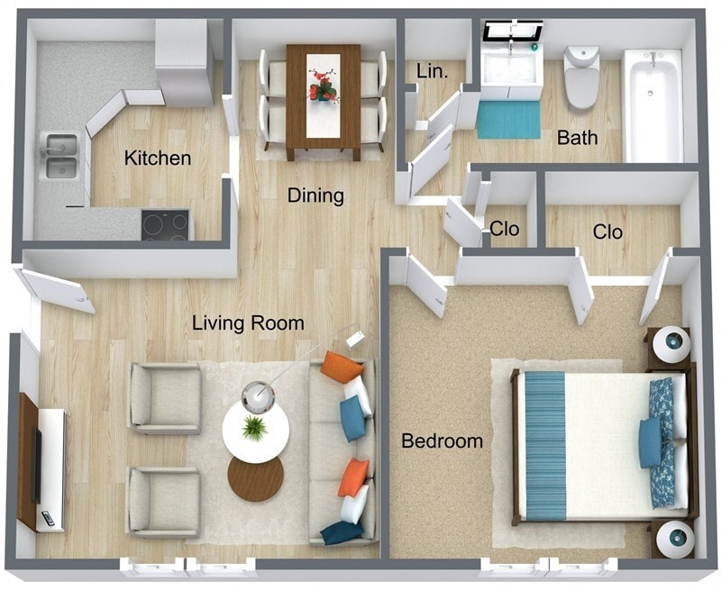 A 3D rendered image of a house layout with labeled rooms.