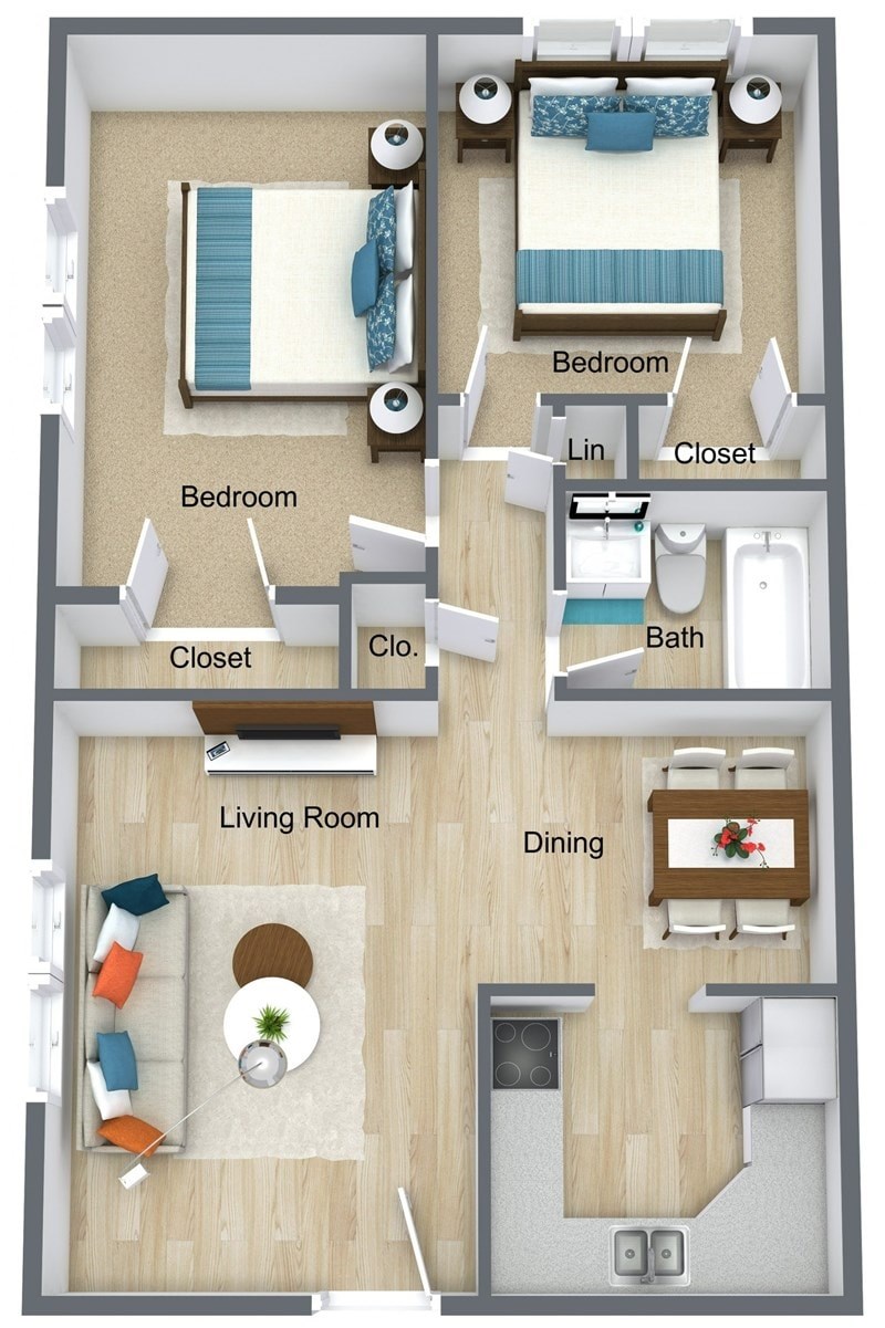 A floor plan of a small apartment with two bedrooms, a living room, a dining area, and a kitchen.