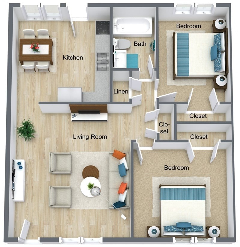 A 3D floor plan of a house showing a living room, kitchen, two bedrooms, a bathroom, and two closets.