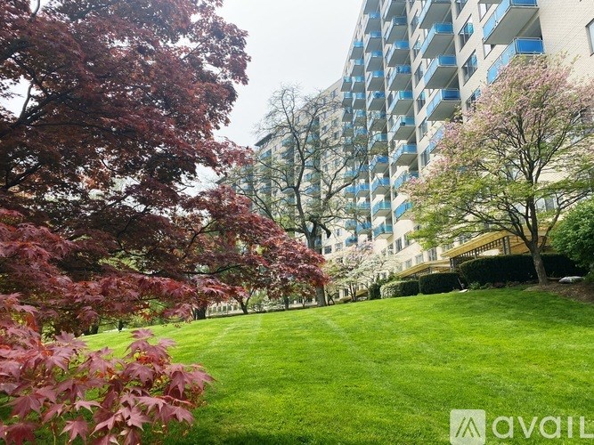 A grassy area with trees and a building in the background.