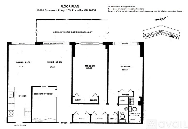 A floor plan for a two bedroom apartment with a living room and a dining area.
