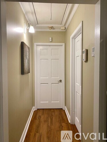 A hallway with a white door and a brown floor.