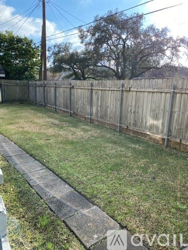 A backyard with a wooden fence and a concrete path.