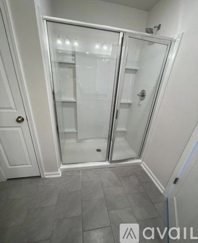 A bathroom with a walk-in shower and a white door.