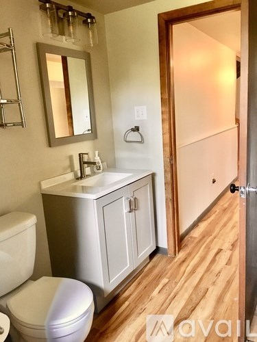 A bathroom with a toilet, sink, mirror, and wooden floors.