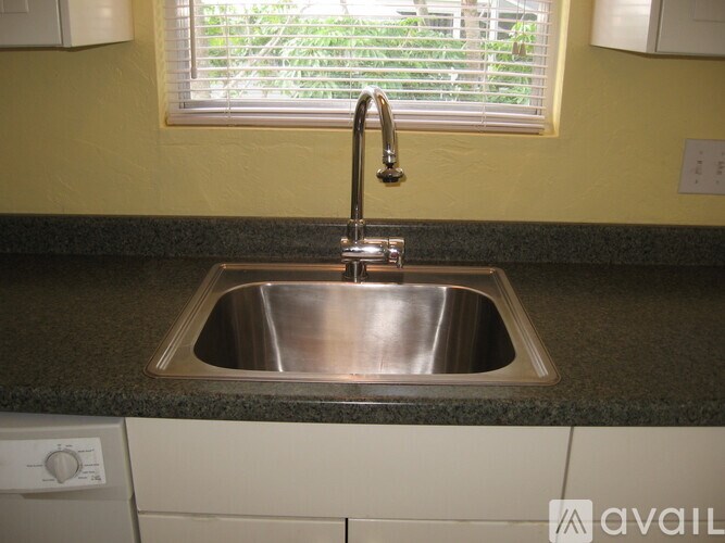 A kitchen sink with a silver faucet and a window in the background.