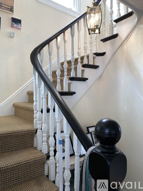 A staircase with a black railing and beige carpeted steps.
