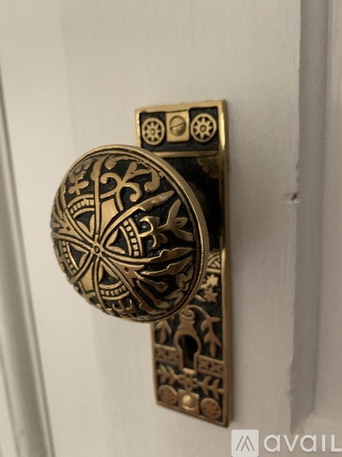 A close up of a door knob with a decorative design.