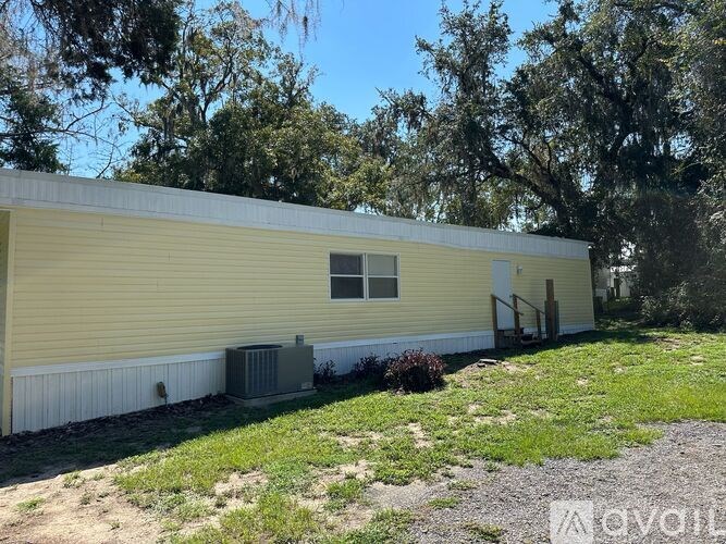 A yellow house with a white window and a door is surrounded by trees.