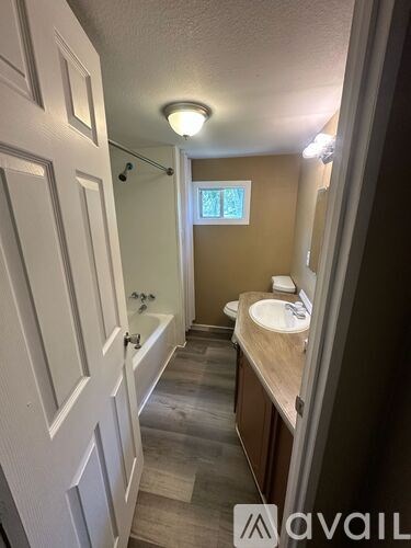 A bathroom with a white door and a brown wall.