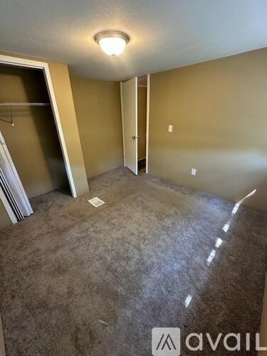 A room with a carpeted floor and a ceiling light.