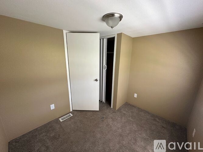 A room with a carpeted floor, a white door, and a ceiling light.