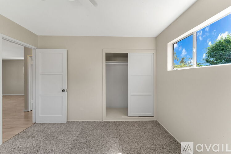 A room with a white door and a window showing trees outside.