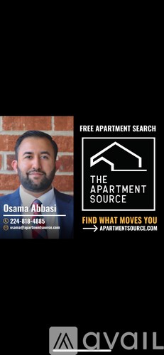 A poster advertising a free apartment search with contact information for Osama Abbasi.