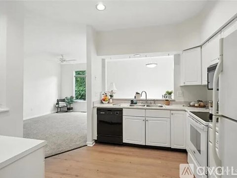 A modern kitchen with white cabinets and appliances, a grey rug, and a window with a view of greenery outside.