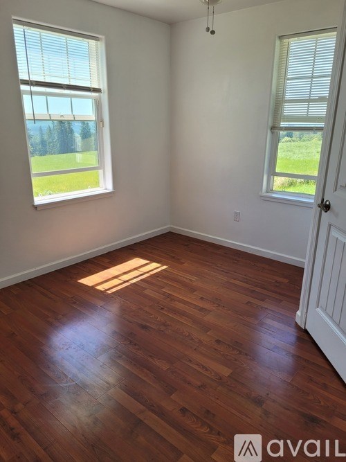 A room with wooden floors and two windows.