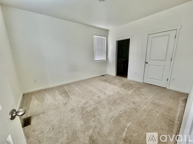 A room with a carpeted floor, a door, and a window with blinds.