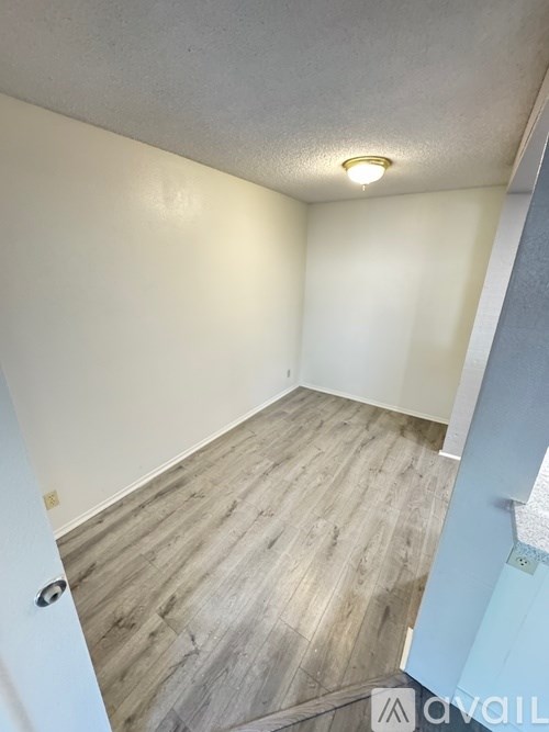 A room with a wooden floor and a ceiling light.