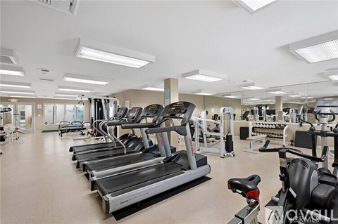 A gym with treadmills and exercise equipment.