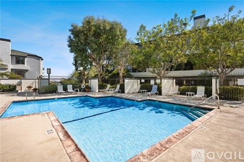 A large outdoor swimming pool surrounded by trees and lounge chairs.