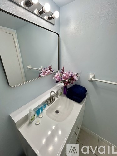 A bathroom sink with a mirror above it and a vase of flowers on the counter.