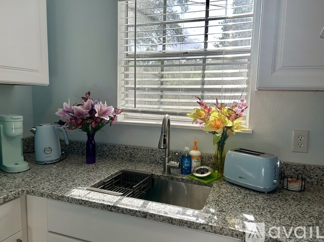 A kitchen counter with a sink, a toaster, and a coffee maker.