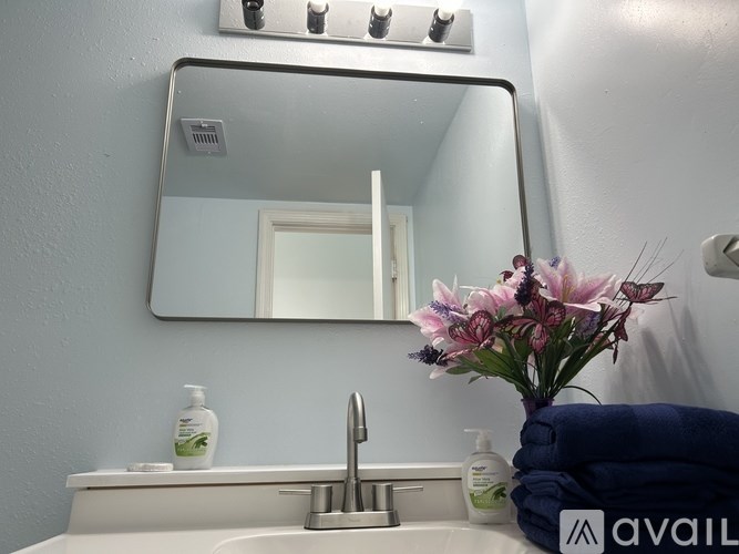 A bathroom with a white sink and a mirror above it.