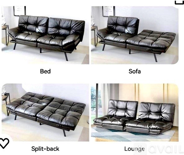 Four images of black leather sofas with different labels: Bed, Sofa, Split-back, and Lounge.