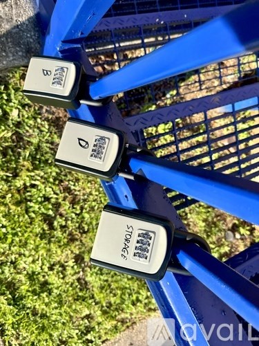 Three blue chairs with white labels on them.