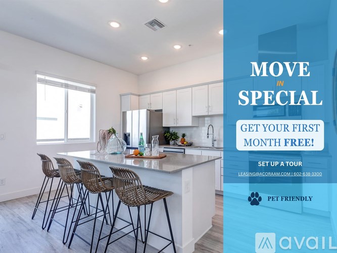 A kitchen with a bar area and chairs, advertising a free first month for a move in special.