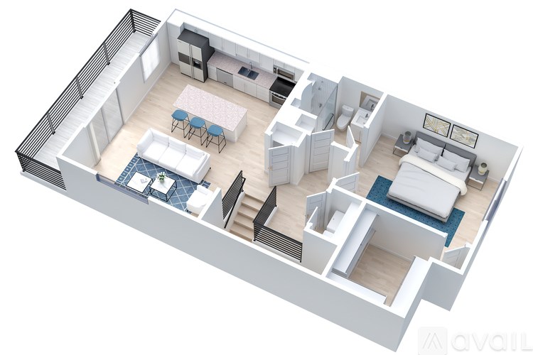 A 3D floor plan of a small apartment with a kitchen, living room, and bedrooms.