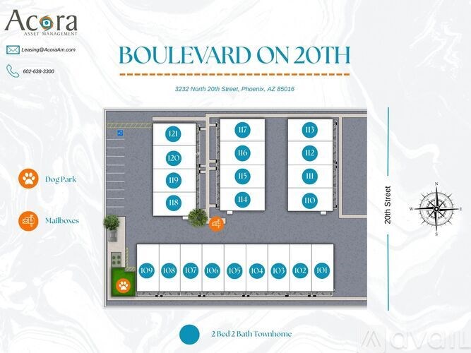 A floor plan for Boulevard on 20th shows a layout with numbered units and designated areas for mailboxes and a dog park.