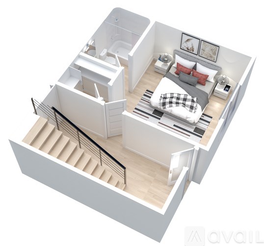 A top-down view of a bedroom with a bed, nightstand, and stairs.