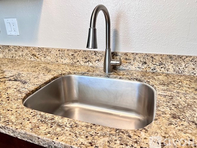 A stainless steel kitchen sink with a chrome faucet.