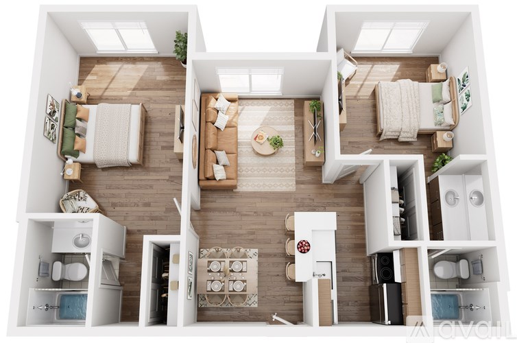 A top-down view of a modern apartment layout with a living room, kitchen, and bedrooms.