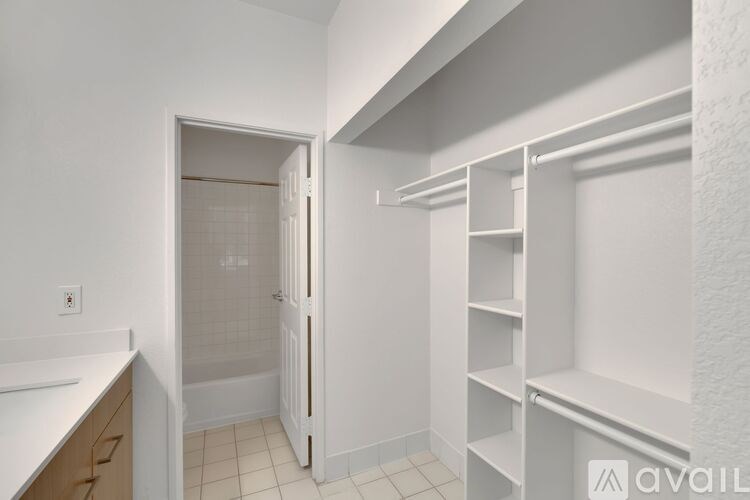 A white bathroom with a walk-in shower and a white counter.