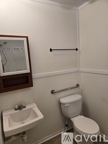 A white toilet sits next to a white sink in a small bathroom.