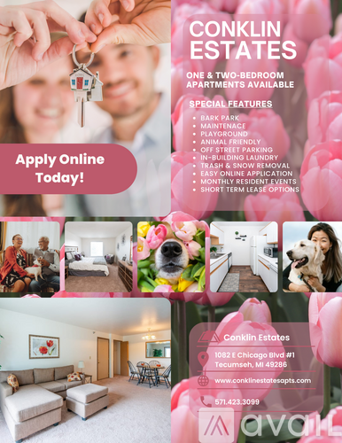 A flyer for Conklin Estates advertising one and two-bedroom apartments with special features like a bark park and maintenance.