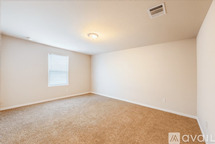 A room with a carpeted floor and a window.