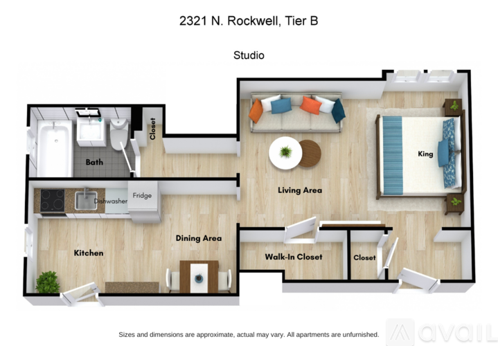 A floor plan of a studio apartment at 2321 N. Rockwell, Tier B.