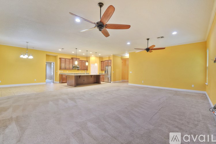 A spacious room with a ceiling fan and a carpeted floor.