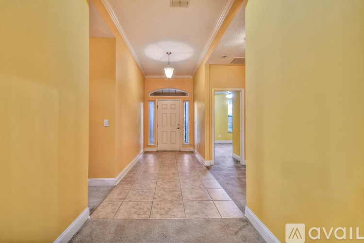 A hallway with a carpeted floor and a door at the end.
