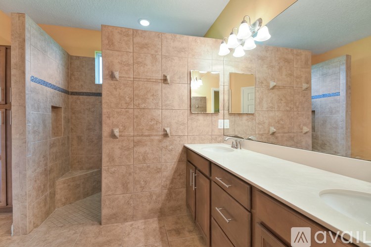 A bathroom with a walk-in shower and a vanity with a sink.
