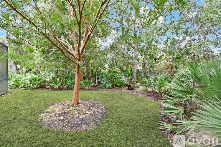 A tree with a brown trunk is in the middle of a grassy area.