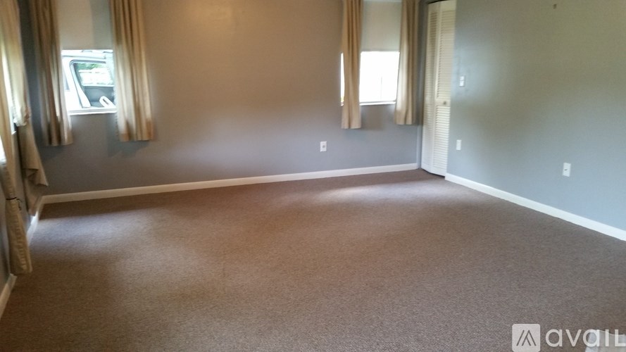 A room with carpeted floor and two windows with curtains.